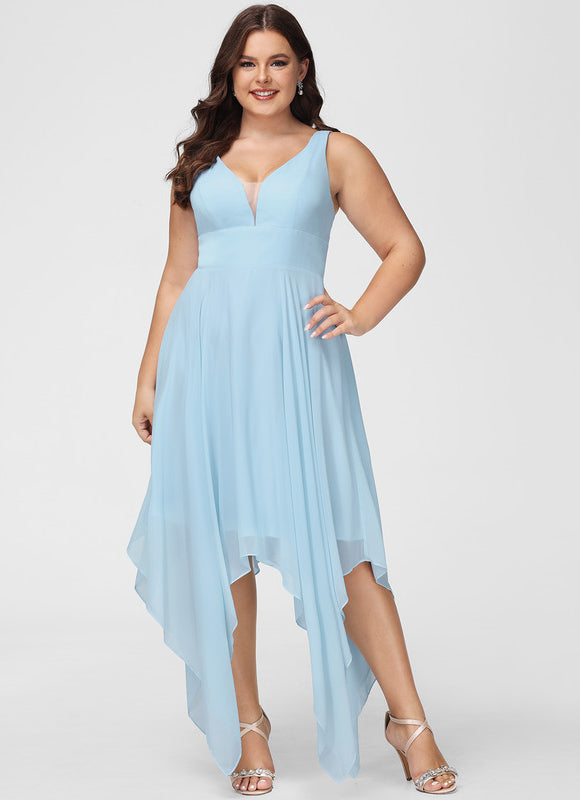 Robe Pastel Bleu Asymétrique Col V Volants - gallery 9