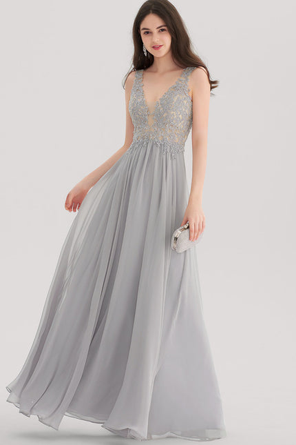 Robe Pastel Grise Mousseline Strass Col V