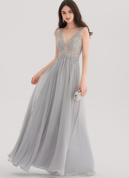 Robe Pastel Grise Mousseline Strass Col V
