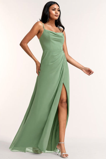 Robe Pastel Verte Décolletée Longueur Sol - gallery 2