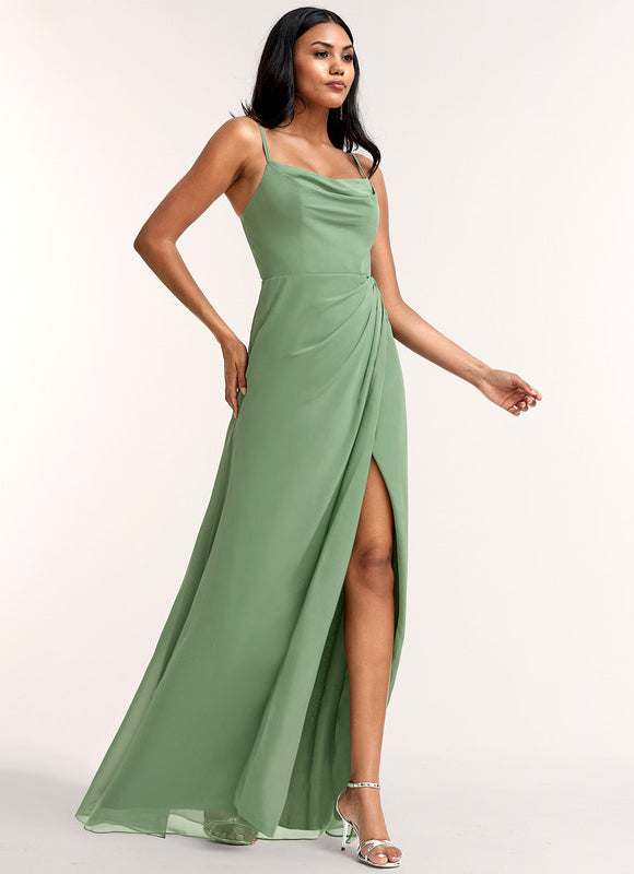 Robe Pastel Verte Décolletée Longueur Sol - gallery 2