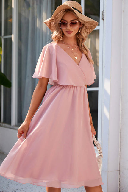 Robe Pastel Rose Col V Trapèze Midi - gallery 4