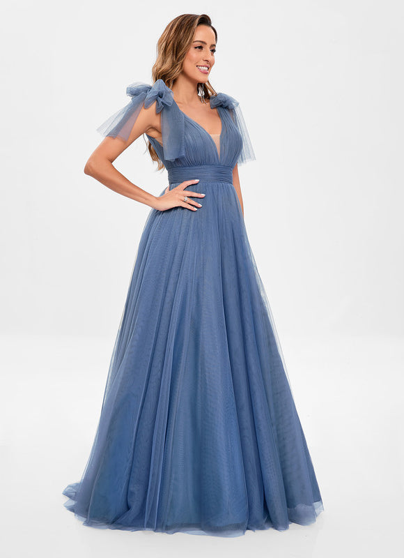 Robe Pastel Bleu Col V Traîne Tulle - gallery 4