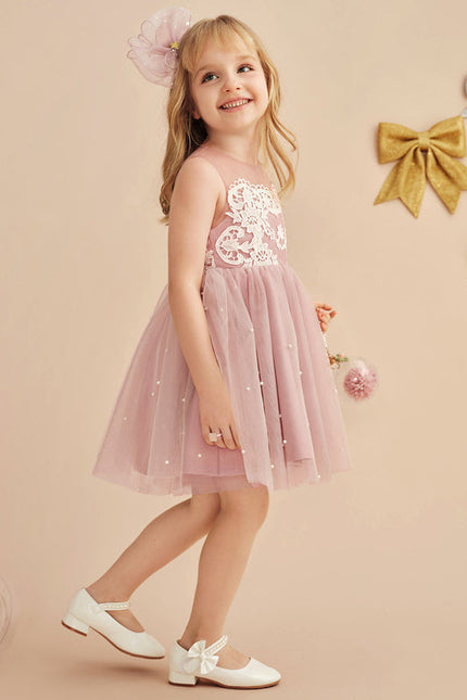 Robe Pastel Rose Trapèze Dentelle Mariage Fille - gallery 6