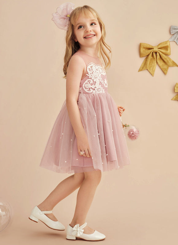 Robe Pastel Rose Trapèze Dentelle Mariage Fille - gallery 6
