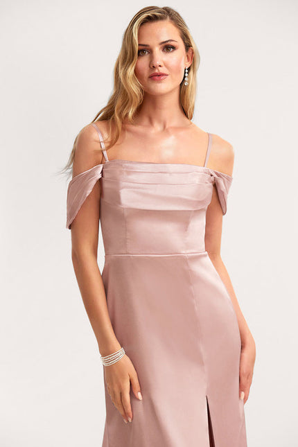 Robe Pastel Rose Décolleté Longue Satin - gallery 3
