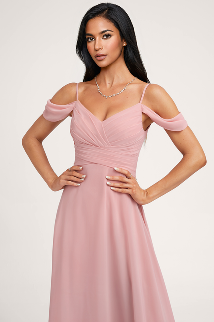 Robe Pastel Rose Décolleté Épaules Mousseline - gallery 2