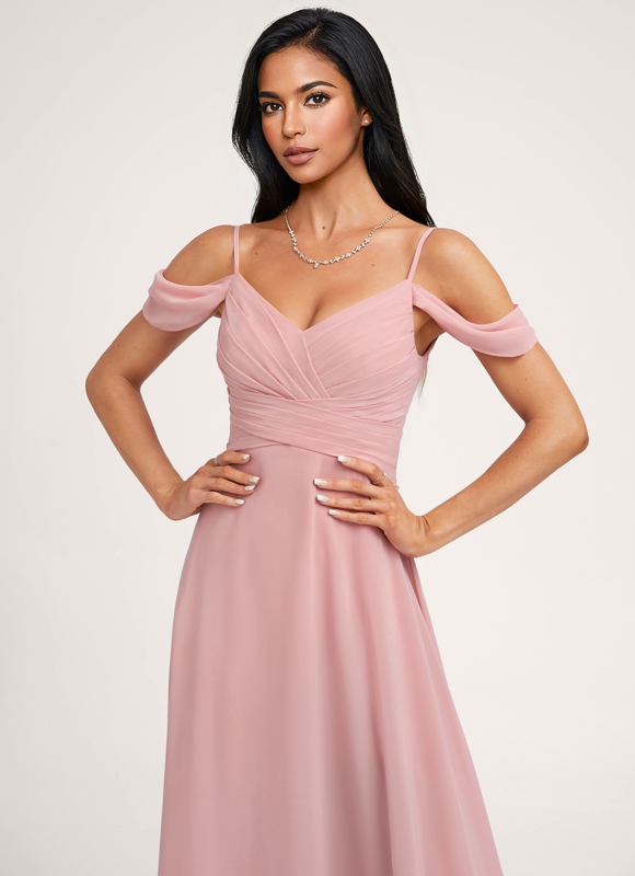 Robe Pastel Rose Décolleté Épaules Mousseline - gallery 2
