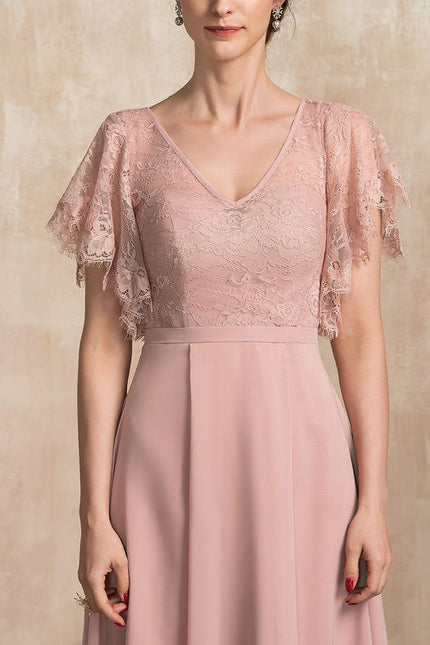 Robe Pastel Rose Col V Dentelle Élégante - gallery 6