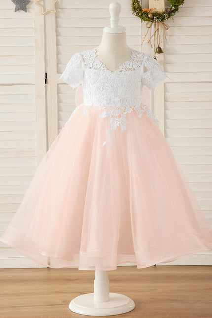 Robe Pastel Rose Col V En Tulle - gallery 1