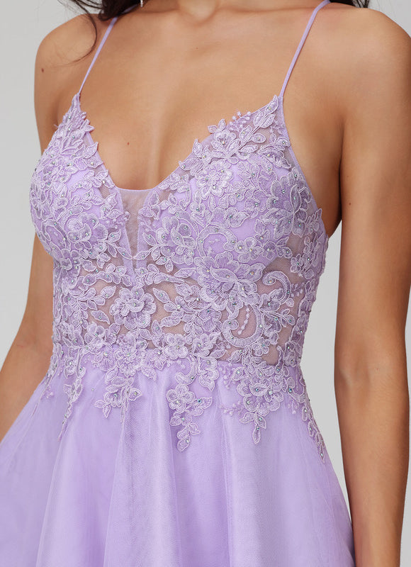 Robe Pastel Lavande Col V Dentelle Tulle - gallery 4