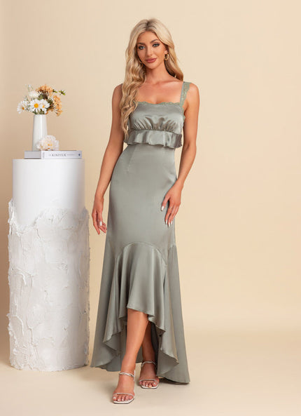 Robe Pastel Vert Satin Asymétrique Maxi