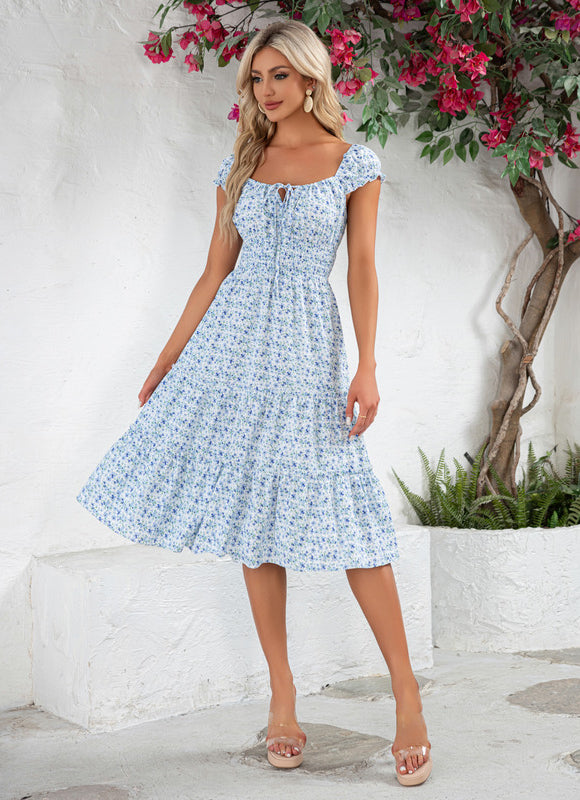 Robe Pastel Bleu Fleurs Volants Midi - gallery 2
