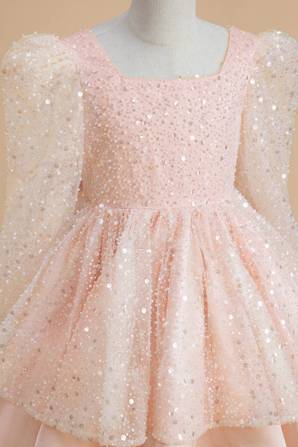Robe Pastel Rose Paillettes Col Carré - gallery 2