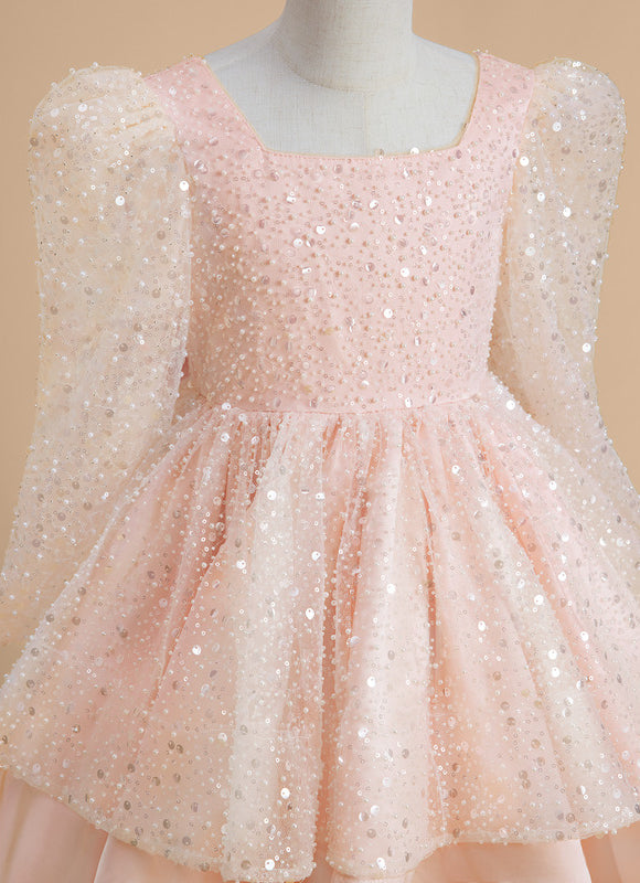 Robe Pastel Rose Paillettes Col Carré - gallery 2