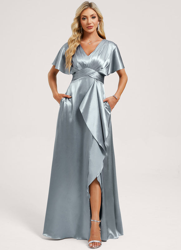 Robe Pastel Verte Satin Longueur Ras Du Sol