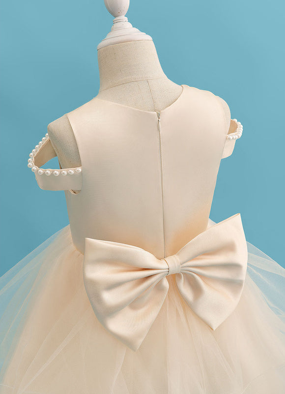 Robe Pastel Crème En Satin Tulle Pour Fille - gallery 1