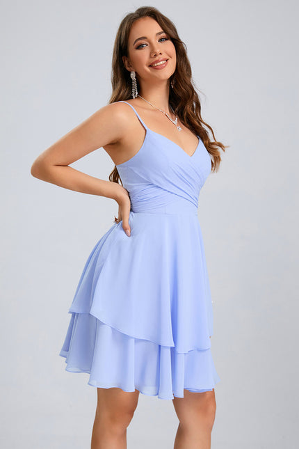 Robe Pastel Bleu Col V Trapèze Mousseline - gallery 5