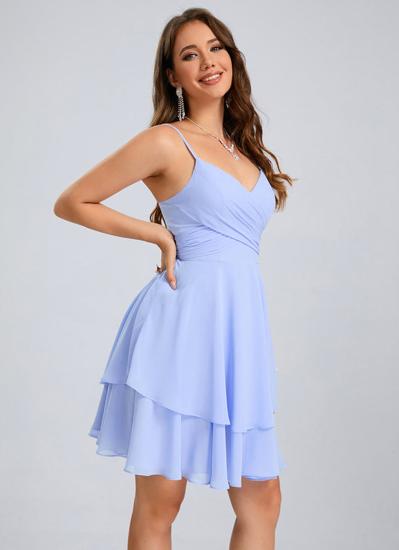 Robe Pastel Bleu Col V Trapèze Mousseline - gallery 5