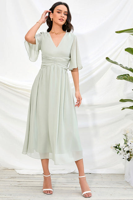 Robe Pastel Rose Col V Trapèze Midi