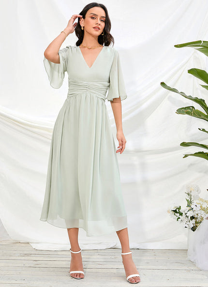 Robe Pastel Rose Col V Trapèze Midi