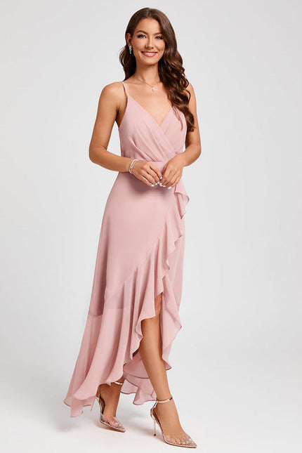 Robe Pastel Rose Col V Asymétrique À Volants - gallery 6
