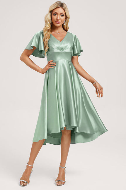 Robe Pastel Vert Satin Volants Asymétrique - gallery 1
