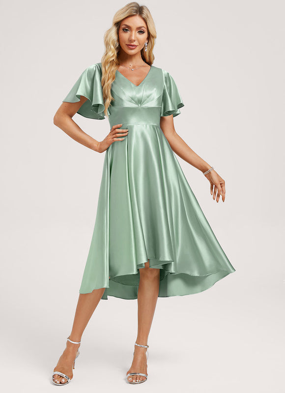 Robe Pastel Vert Satin Volants Asymétrique - gallery 1