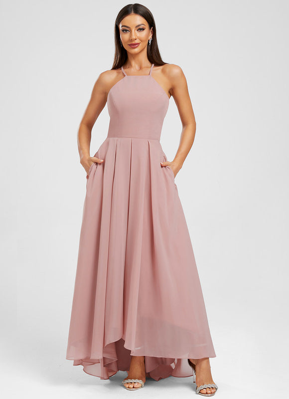 Robe Pastel Rose Mousseline Asymétrique Trapèze - gallery 4