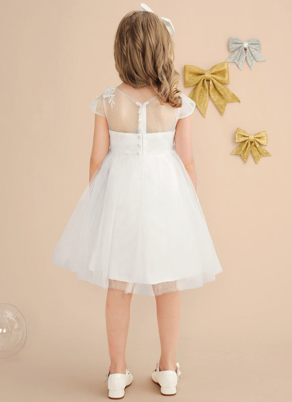 Robe Pastel Crème Dentelle Col Rond Genoux - gallery 4