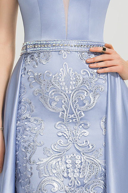 Robe Pastel Bleu Col V Traîne Dentelle - gallery 2
