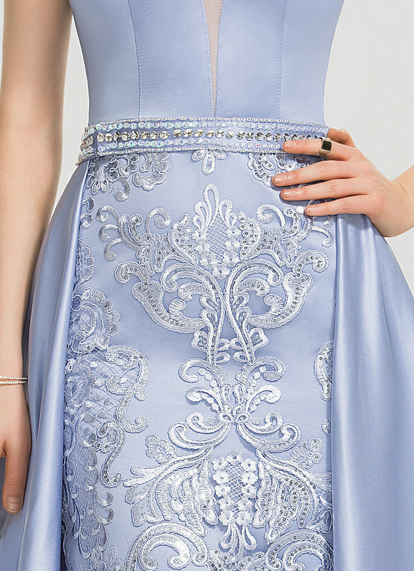 Robe Pastel Bleu Col V Traîne Dentelle - gallery 2
