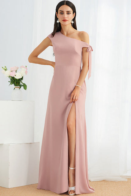 Robe Pastel Rose Décolleté Asymétrique Élégante - gallery 1