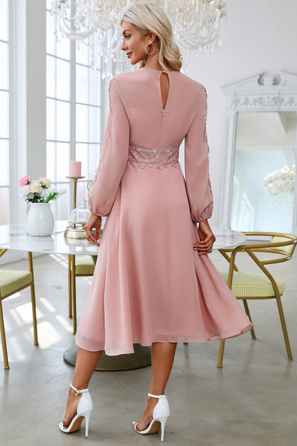 Robe Pastel Rose Col Rond Dentelle Midi - gallery 1