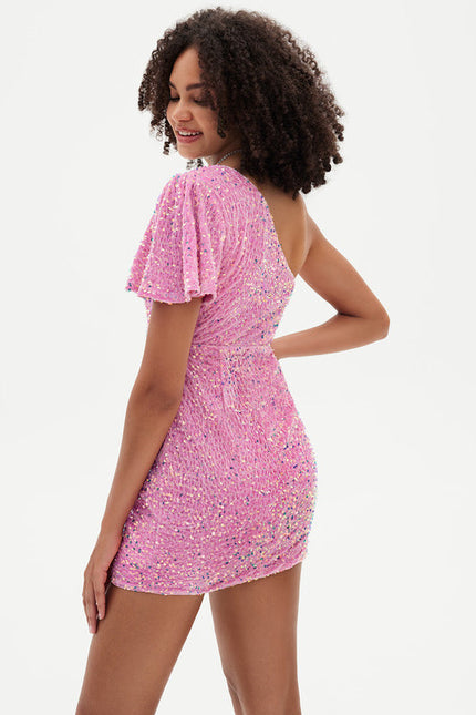 Robe Pastel Rose Paillettes Asymétrique Chic - gallery 2