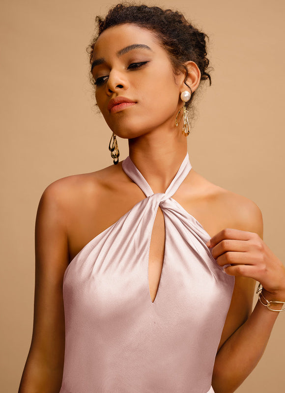 Robe Pastel Rose Satin Longue Avec Nœud - gallery 2