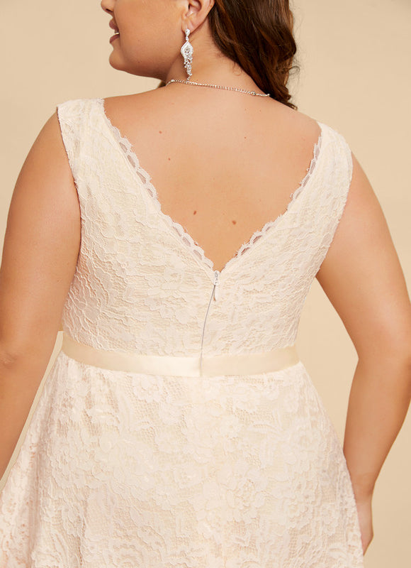 Robe Pastel Écru Dentelle Col V Trapèze - gallery 7