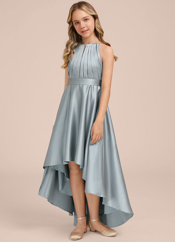 Robe Pastel Satin Bleu-Vert Trapèze Asiatique - gallery 4