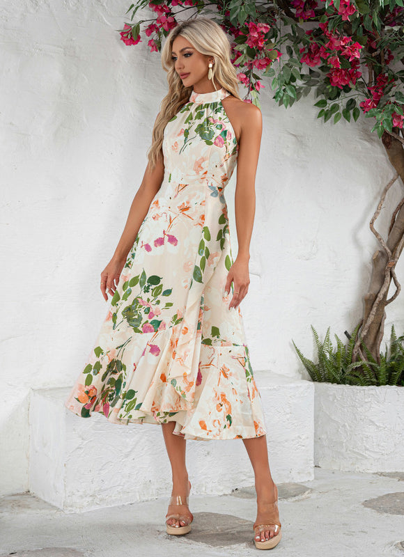 Robe Pastel Fleurie Col Montant Crème