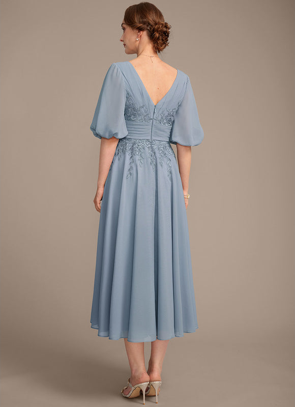 Robe Pastel Bleu Col V Longueur Mollet - gallery 6
