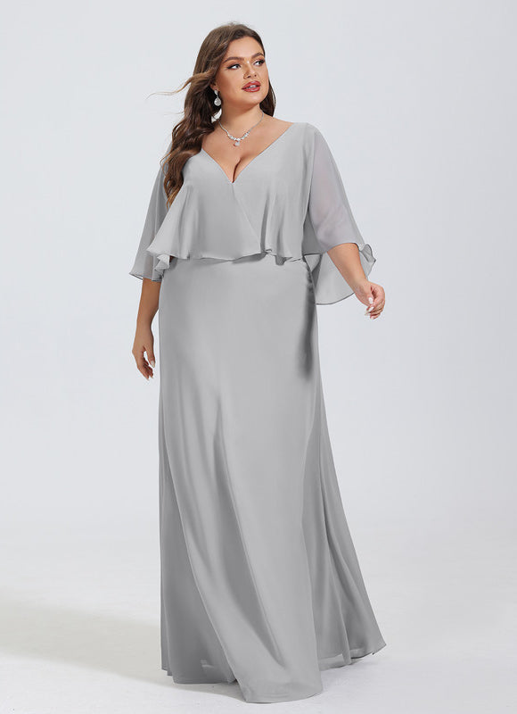 Robe Pastel Gris Trapèze Col V Long - gallery 8