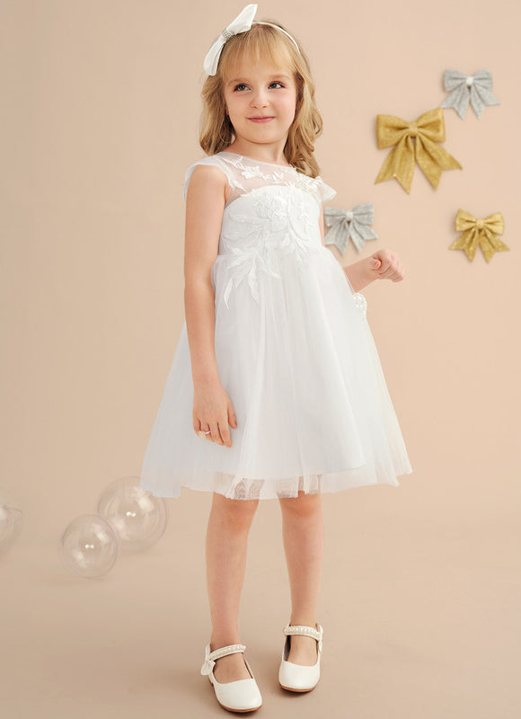 Robe Pastel Crème Dentelle Col Rond Genoux - gallery 5