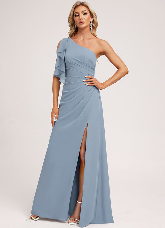 Robe Pastel Bleu Décolleté Asymétrique Longue - gallery 4