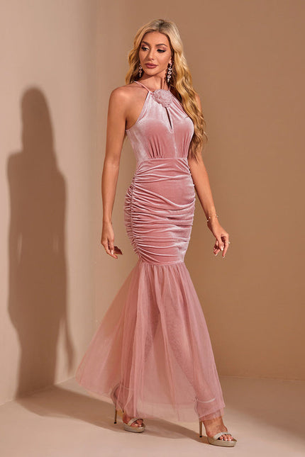Robe Pastel Rose Plissée Sirène Velours - gallery 5