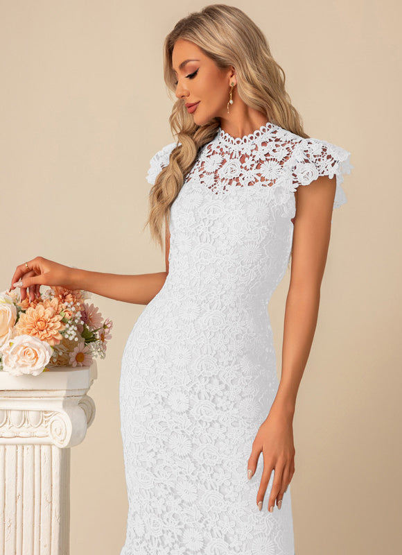 Robe Pastel Bleu Dentelle Col Montant - gallery 9