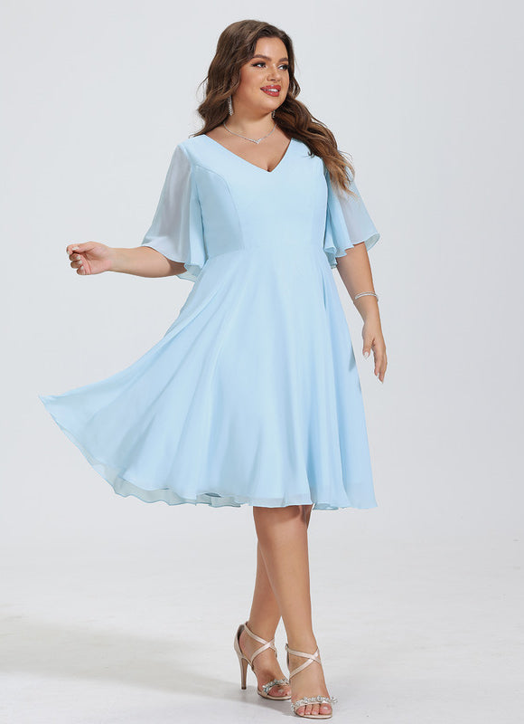 Robe Pastel Bleu Col V Mousseline Genou - gallery 6