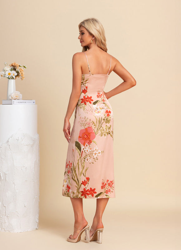 Robe Pastel Rose Fleurie Col V Midi - gallery 2