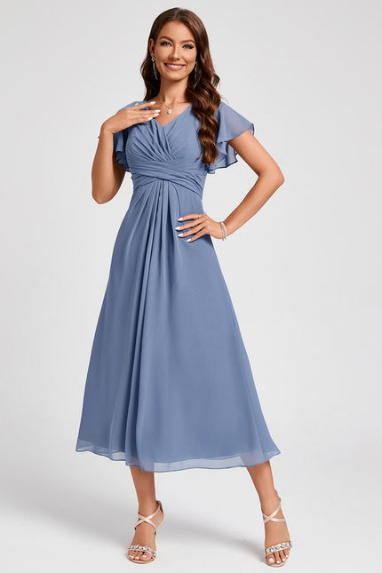 Robe Pastel Bleu Col V Longueur Mollet