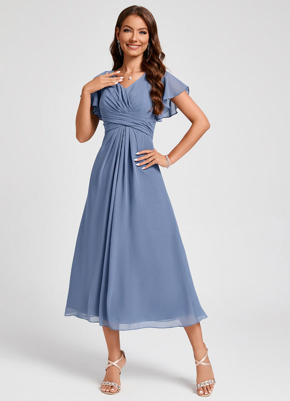 Robe Pastel Bleu Col V Longueur Mollet