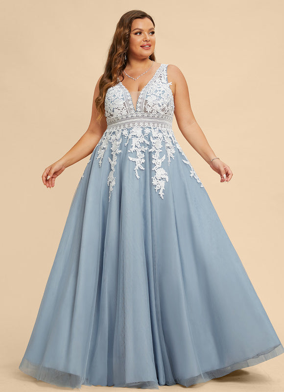 Robe Pastel Bleu Col V Tulle Longue - gallery 4